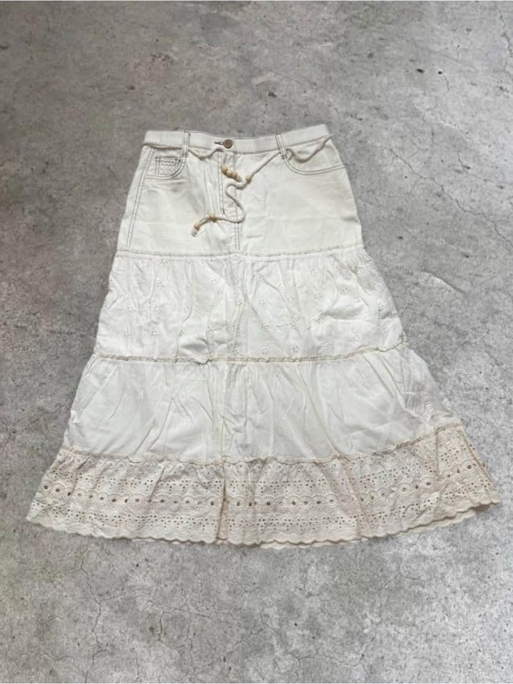 Bohemian Cream Tiered Eyelet A-Line Skirt